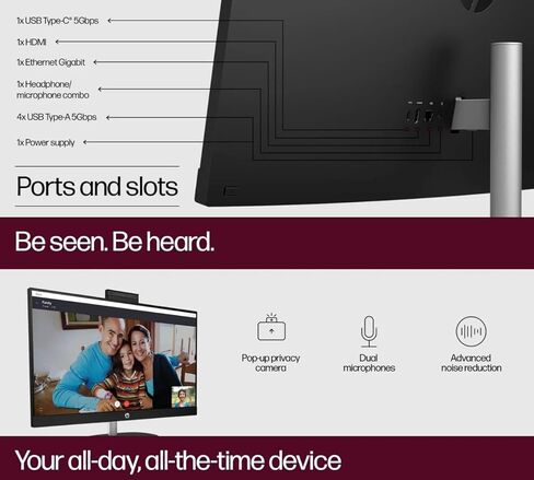 HP 27" All-in-One Desktop Computer, FHD Touch Screen, Intel Ultra 7 155U Processor, Intel IrisX Graphics, 32 GB DDR5, 1 TB SSD, Wired KB & Mouse, Windows 11 Pro,Office Lifetime License w/Accessories in Kuwait