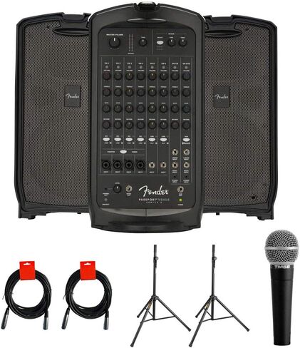 نظام PA المحمول من Fender Passport Event Series 2 بقوة 375 وات مع ميكروفون صوتي وحامل مكبر صوت 2X وحزمة كابل 2X XLR in Saudi Arabia