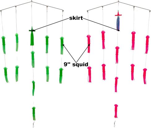 Squid Spreader Bar Teaser, Stainless Steel 3/5 Rings, 7/11 Green or Pink Rubber Squid, Offshore Game Fishing Trolling Rig in Saudi Arabia