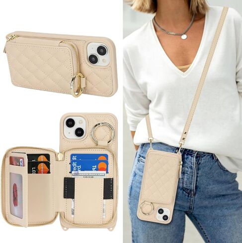 بالنسبة إلى iPhone 15 Plus Case Wallet مع حامل البطاقة للنساء ، للحصول على محفظة IPhone 15 Plus Phone مع فتحات بطاقة الائتمان الشريط مع Kickstand Zipper Case-Black in Kuwait