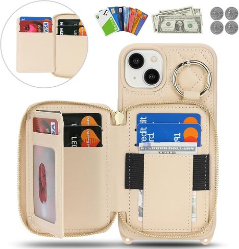 بالنسبة إلى iPhone 15 Plus Case Wallet مع حامل البطاقة للنساء ، للحصول على محفظة IPhone 15 Plus Phone مع فتحات بطاقة الائتمان الشريط مع Kickstand Zipper Case-Black in Kuwait
