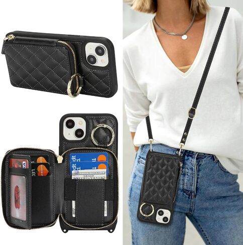 بالنسبة إلى iPhone 15 Plus Case Wallet مع حامل البطاقة للنساء ، للحصول على محفظة IPhone 15 Plus Phone مع فتحات بطاقة الائتمان الشريط مع Kickstand Zipper Case-Black in Kuwait