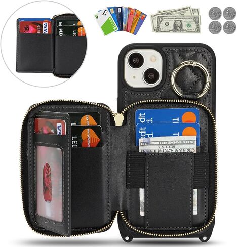بالنسبة إلى iPhone 15 Plus Case Wallet مع حامل البطاقة للنساء ، للحصول على محفظة IPhone 15 Plus Phone مع فتحات بطاقة الائتمان الشريط مع Kickstand Zipper Case-Black in Kuwait