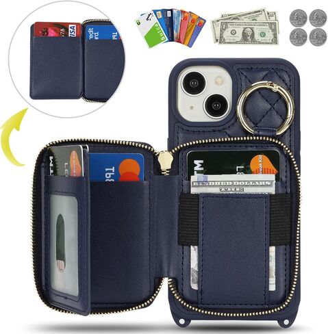 بالنسبة إلى iPhone 15 Plus Case Wallet مع حامل البطاقة للنساء ، للحصول على محفظة IPhone 15 Plus Phone مع فتحات بطاقة الائتمان الشريط مع Kickstand Zipper Case-Black in Kuwait