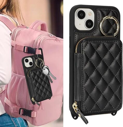 بالنسبة إلى iPhone 15 Plus Case Wallet مع حامل البطاقة للنساء ، للحصول على محفظة IPhone 15 Plus Phone مع فتحات بطاقة الائتمان الشريط مع Kickstand Zipper Case-Black in Kuwait