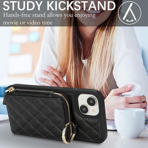 بالنسبة إلى iPhone 15 Plus Case Wallet مع حامل البطاقة للنساء ، للحصول على محفظة IPhone 15 Plus Phone مع فتحات بطاقة الائتمان الشريط مع Kickstand Zipper Case-Black in Kuwait