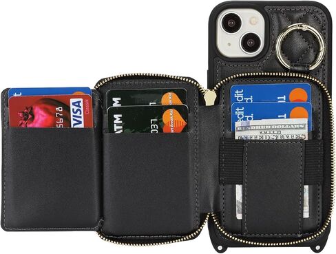 بالنسبة إلى iPhone 15 Plus Case Wallet مع حامل البطاقة للنساء ، للحصول على محفظة IPhone 15 Plus Phone مع فتحات بطاقة الائتمان الشريط مع Kickstand Zipper Case-Black in Kuwait