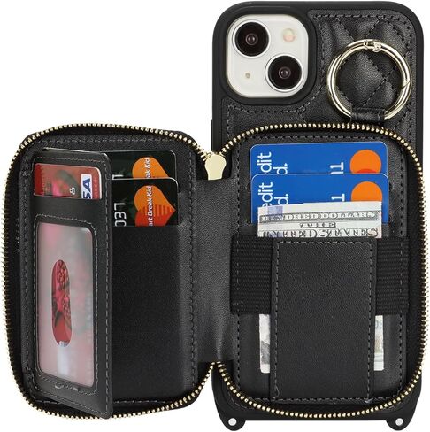 بالنسبة إلى iPhone 15 Plus Case Wallet مع حامل البطاقة للنساء ، للحصول على محفظة IPhone 15 Plus Phone مع فتحات بطاقة الائتمان الشريط مع Kickstand Zipper Case-Black in Kuwait