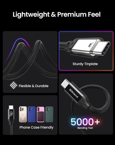 كبل مراقب Silkland USB C ، نقل البيانات 40 جيجابت في الثانية ، 8K/5K@60Hz USB4 لـ Thunderbolt 4 Cable 6.6ft/2M ، 240W PD 3.1 الشحن ، لجهاز iPhone 16 ، MacBook ، iPad ، SSD ، Docking ، Black in Kuwait