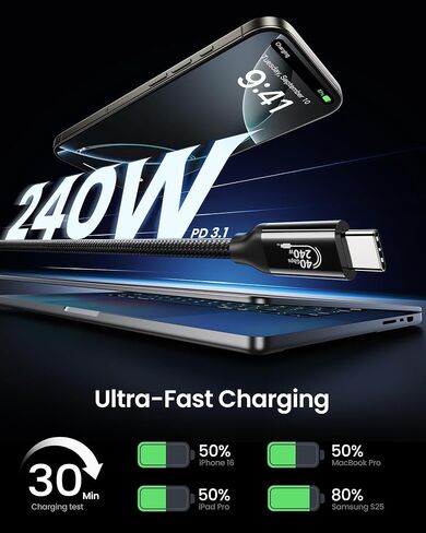 كبل مراقب Silkland USB C ، نقل البيانات 40 جيجابت في الثانية ، 8K/5K@60Hz USB4 لـ Thunderbolt 4 Cable 6.6ft/2M ، 240W PD 3.1 الشحن ، لجهاز iPhone 16 ، MacBook ، iPad ، SSD ، Docking ، Black in Kuwait