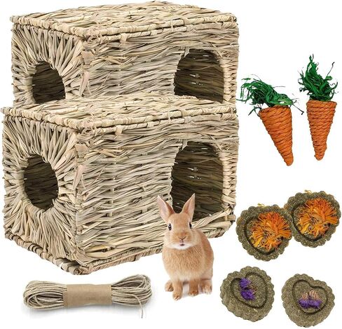 kathson 2 Pcs Rabbit Grass House Natural Foldable Hand Woven Seagrass Bed Carrot Hay Toy Hut Safe Comfortable Playhouse with Bunny Chew Toys for Bunny Hamster Guinea Pig Chinchilla Ferret in Saudi Arabia