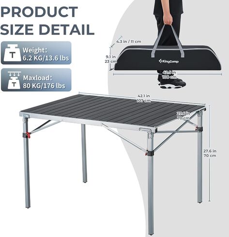 KingCamp Aluminum Folding Lightweight Roll Portable Stable Table for Camping Picnic Barbecue Backyard Party, Indoor & Outdoor, Oversize, Silver Black in Saudi Arabia
