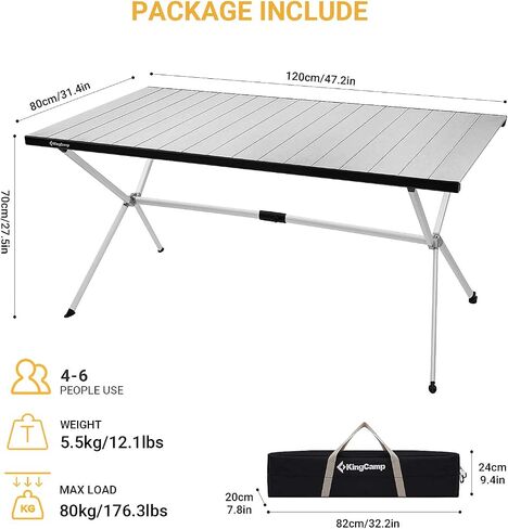 KingCamp Aluminum Folding Lightweight Roll Portable Stable Table for Camping Picnic Barbecue Backyard Party, Indoor & Outdoor, Oversize, Silver Black in Saudi Arabia