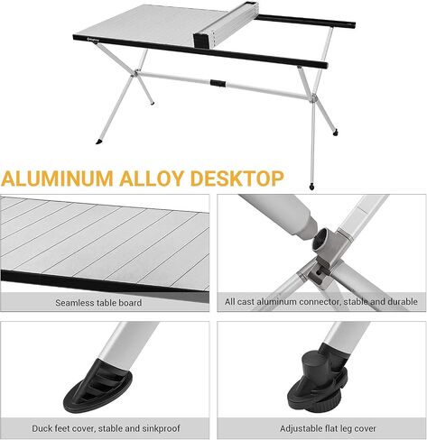 KingCamp Aluminum Folding Lightweight Roll Portable Stable Table for Camping Picnic Barbecue Backyard Party, Indoor & Outdoor, Oversize, Silver Black in Saudi Arabia