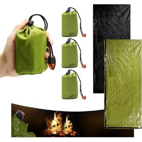 4 Pack Emergency Survival Sleeping Bags, Portable Survival Gear Bivy Sleep Sack Blanket with Whistles, Waterproof Warm Life Thermal Bivy Sack Foldable for Outdoor Travel Camping Supplies, Black Green