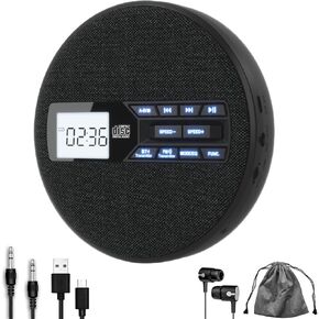 CD Player Portable, Rechargeable Portable CD Player with Dual Speakers and Anti Skip,CD,Dual Bluetooth,FM Transmission,USB,AUX,LCD Display,Backlit Button,Repeat,10 Speeds,Fabric Black