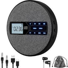 CD Player Portable, Rechargeable Portable CD Player with Dual Speakers and Anti Skip,CD,USB,AUX,LCD Display,Backlit Button,5 EQ,A-B Repeat,10 Speeds for Home Car Fabric Black
