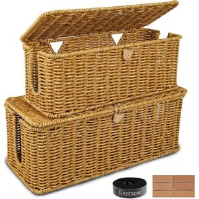 Cable Management Box, 2 Pack Large Cable Organizer Box, Sturdy Rattan Cord Hider Basket with Lid & 4-Open-Slot, Tidy Desk Storage Power Strip Cover TV Computer USB Cords Hider (Medium + Large)