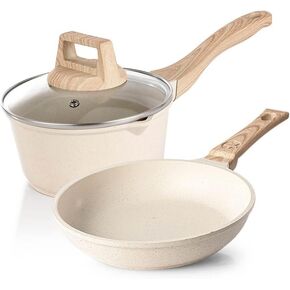 Wok Set Non-Stick Pan Stone Wheat Rice Kitchen Stock Milk Pot Double Boiler Boiler with Glass Lid Frying Pan Frying Pan Feature: (Color : A Size