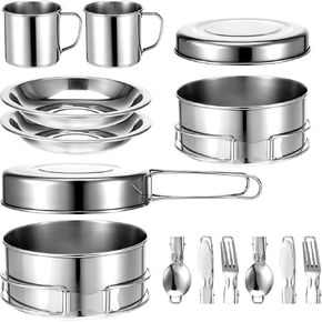 14Pcs Stainless Steel Camping Cookware Set, Lightweight Compact Camping Pots Pans Set with Cups Plates Forks Knives Spoons for Backpacking Camping-Cooking Hiking and Picnic