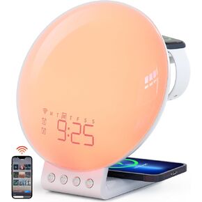 Dekala Smart Sunrise Alarm Clock with Wireless Charging for iPhone 14 13 12 Apple Watch AirPods Samsung, White Noise Sleep Sounds Machine, Nursery Night Light for Heavy Sleeper Kid Touch & App Control