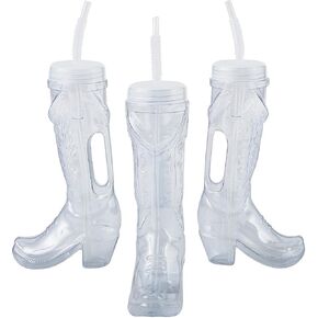 Fun Express 10 3/4" 30 oz. Cowboy Boot Reusable Plastic Cups with Lids & Straws - 6 Piece