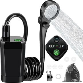 Portable Camping Shower, 6000mAh Rechargeable Outdoor Shower Pump with LED Display, 3 Spray Modes, IPX7 Waterproof Camping Shower Kit for Hiking, Travel, Car Washing, RV, Pet Bath