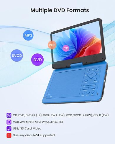 12.5" Portable DVD Player with10.1 HD IPS Screen for Kids, Car DVD Player with Headrest Mount, 360° RF Remote Control 2 Earphone Jacks 5h Battery Support CD/DVD/SD Card/USB, Region Free (Blue) in Saudi Arabia