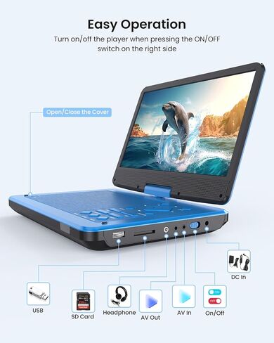 12.5" Portable DVD Player with10.1 HD IPS Screen for Kids, Car DVD Player with Headrest Mount, 360° RF Remote Control 2 Earphone Jacks 5h Battery Support CD/DVD/SD Card/USB, Region Free (Blue) in Saudi Arabia