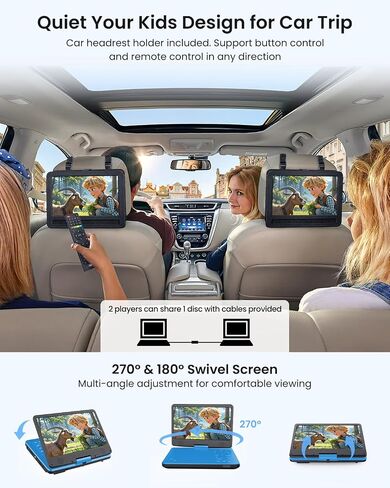 12.5" Portable DVD Player with10.1 HD IPS Screen for Kids, Car DVD Player with Headrest Mount, 360° RF Remote Control 2 Earphone Jacks 5h Battery Support CD/DVD/SD Card/USB, Region Free (Blue) in Saudi Arabia