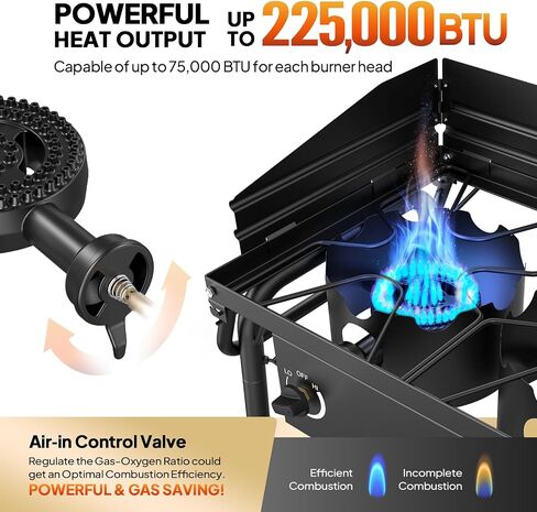 Rovsun 3 موقد غاز موقد مع رففين جانبيين ، 225،000BTU موقد بروبان محمول مع ساق قابلة للإزالة ، لوحة رياح ، منظم للتخييم في المنزل الخلفي للطبخ في الهواء الطلق تعليب تركيا القلي in Kuwait