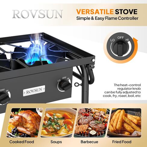 Rovsun 3 موقد غاز موقد مع رففين جانبيين ، 225،000BTU موقد بروبان محمول مع ساق قابلة للإزالة ، لوحة رياح ، منظم للتخييم في المنزل الخلفي للطبخ في الهواء الطلق تعليب تركيا القلي in Kuwait