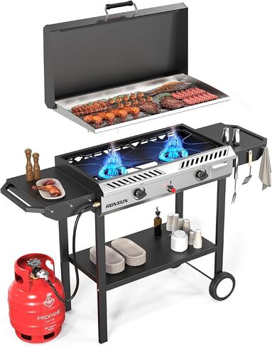 ROVSUN 2 Burner Outdoor Propane Gas Stove with Auto-ignition, Regulator & Shelf, 150,000 BTU Powerful Stand Cooker for Backyard Patio Cooking Home Brewing Canning Turkey Frying in Saudi Arabia