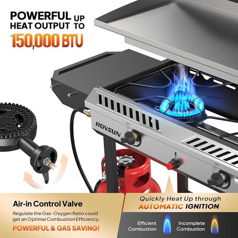 ROVSUN 2 Burner Outdoor Propane Gas Stove with Auto-ignition, Regulator & Shelf, 150,000 BTU Powerful Stand Cooker for Backyard Patio Cooking Home Brewing Canning Turkey Frying in Saudi Arabia