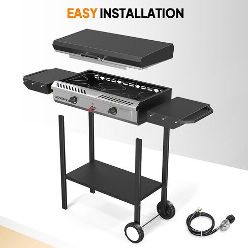 ROVSUN 2 Burner Outdoor Propane Gas Stove with Auto-ignition, Regulator & Shelf, 150,000 BTU Powerful Stand Cooker for Backyard Patio Cooking Home Brewing Canning Turkey Frying in Saudi Arabia