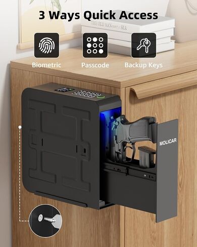 Biometric Slider Pistol Safe with LCD of Temp Humidity Battery, Mounted Single Bedside Gun Safe with 3 Ways Quick Access Handgun Case for Nightstand, Bed, Desk, Wall, Dresser in Kuwait