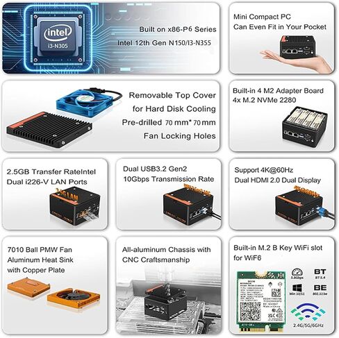 N355 Mini PC 4-Bay NAS Server Pocket Host X86 P6 Lake-N355(Upgraded intelN305) 4M.2 NVMe Expansion Slots, DDR5 4800MHz, Dual 2.5G Network Cards (NO RAM NO SSD) in Saudi Arabia