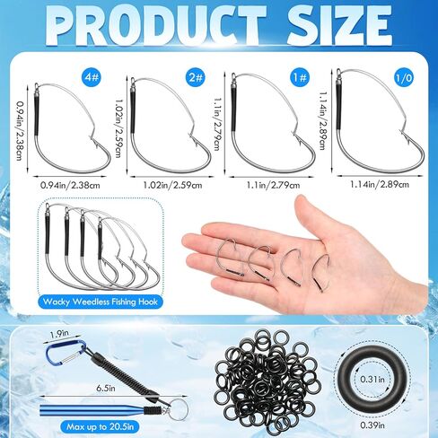 201 Pcs Wacky Worm Tool, 100 Pcs Weedless Rig Fishing Hooks with 100 Piece Silicone O Rings and 1 Piece Wacky Tool with Lanyard for Neko Rig Plastic or Rubber Fishing Worms in Kuwait