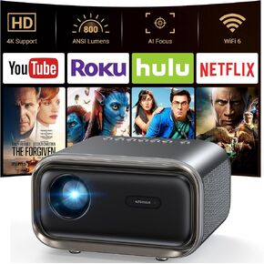 Projector with WiFi and Bluetooth: [Auto Focus/Keystone] - NICPOW Full HD 1080P 4K Supported Portable Bluetooth Projector for Gaming Devices and Phones - Ideal for Indoor Outdoor Use - Grey