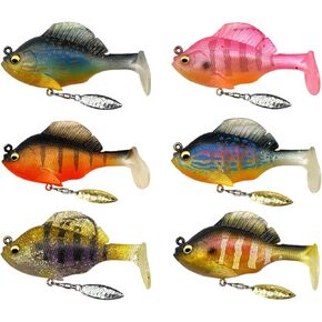 6Pcs Hand Poured Underwater Jig Head Paddle Tail Spinner Blade Soft Pre-Rigged Fishing Weedless Lures with Gillies Sleeper Swimbait 2.25in/0.63oz
