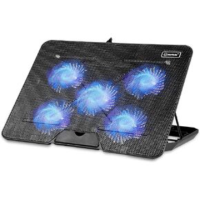 ‌Coolertek Laptop Cooling pad, Laptop Cooler with 5 Silent Fans, Adjustable Height Stand for 12-17 Inch Laptops, Ergonomic Cooling Stand with Dual USB Ports, Portable Cooling Accessories - Black