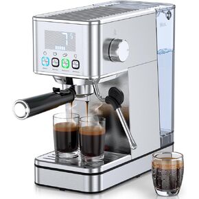 Espresso Machine 20 Bar, Stainless Compact Espresso Maker with Steam Milk Frother, 57.5OZ Water Tank, Touch Screen Indicator of Making Time, for Latte, Cappuccino, Silver (2025 updated model)