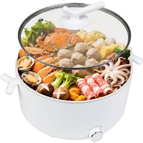 Electric Hot Pot, 3L Electric Pot with Non-Stick Coating, Dual Power Cooker,Multi-Functional Large Capaity Travel for Steak,Egg,Noodles,Oatmeal(white)