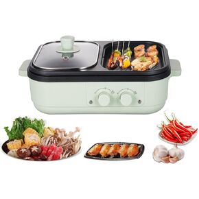 Hot Pot Electric, Hot Pot with Grill, Electric Grill Hot Pot 2 in 1, Perfect for Korean BBQ, Steaks, Shabu Shabu and Noodles, Independent Dual Temperature Control, Fast Heating