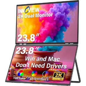 InnoView 23.8" 2K Dual Mnonitor QHD 100% sRGB △E＜2 Laptop Screen Extender 315°Adjustable Dual Monitor for MacBook Windows with DP Type-C HDMI Double Foldable Monitors(No Driver Needed)