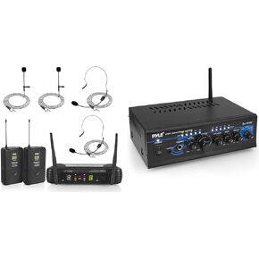 Pyle 2 Channel Wireless Microphone System - Portable UHF Digital Audio Mic Set with 2 Headset, 2 Lavalier lapel, 2 Transmitter, ¼’’ cable, power adapter - For Karaoke, PA, DJ, - PDWM3400,Black in Kuwait