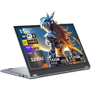 15.6 Inch 2 in 1 Gaming Laptop, Touchscreen Laptop Computer with AMD R3-3200U CPU (up to 3.5GHz) 16GB RAM 512GB SSD Laptops RJ45 WIFI5 BT5.1 HDMI Backlit Keyboard AMD Radeon Vega 3 Win 11 Pro