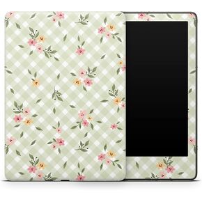 ZOOMHITSKINS Kindle Skin Compatible with Kindle Paperwhite Gen 12 (2024), Spring Flavor Green White Floral Leaf Gingham Cute, Easy Bubble-Free 3M Vinyl Skin Decal Accessories, Made in The USA