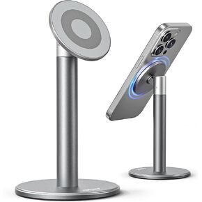 Nulaxy Magnetic Full Aluminum Cell Phone Stand with 2 Metal Rings, 360 Rotating Phone Stand for Desk, Office Accessories Adjustable Phone Holder Compatible with All Phones MagSafe Case, Gray