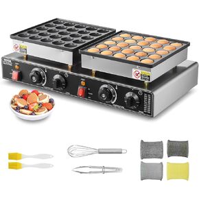 VEVOR 50PCS Mini Dutch Pancake Maker, Non-stick Stainless Steel Dorayaki Baker, 1800W Commercial Electric Poffertjes Grill Pan, Dual Temp & Time Control, for Kitchen Restaurant Breakfast Dessert